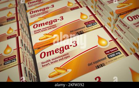 Omega 3 Öltabletten Box Produktionslinie. Gesunde Ernährung und Diätergänzung Pillen Pack Fabrik. Abstract Concept 3D Rendering Illustration. Stockfoto