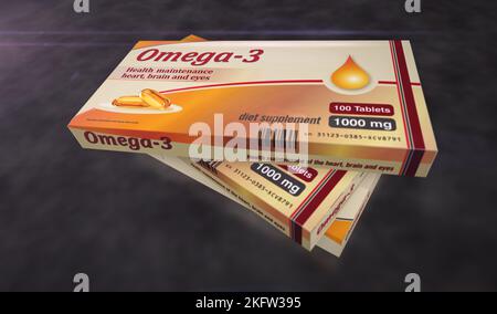 Omega 3 Öltabletten Box Produktionslinie. Gesunde Ernährung und Diätergänzung Pillen Pack Fabrik. Abstract Concept 3D Rendering Illustration. Stockfoto