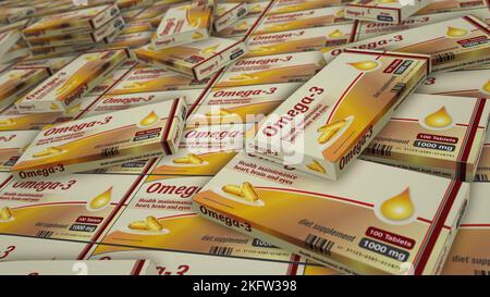 Omega 3 Öltabletten Box Produktionslinie. Gesunde Ernährung und Diätergänzung Pillen Pack Fabrik. Abstract Concept 3D Rendering Illustration. Stockfoto