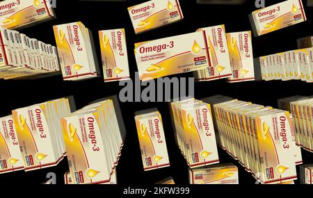 Omega 3 Öltabletten Box Produktionslinie. Gesunde Ernährung und Diätergänzung Pillen Pack Fabrik. Abstract Concept 3D Rendering Illustration. Stockfoto