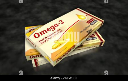 Omega 3 Öltabletten Box Produktionslinie. Gesunde Ernährung und Diätergänzung Pillen Pack Fabrik. Abstract Concept 3D Rendering Illustration. Stockfoto