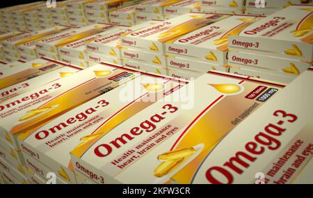 Omega 3 Öltabletten Box Produktionslinie. Gesunde Ernährung und Diätergänzung Pillen Pack Fabrik. Abstract Concept 3D Rendering Illustration. Stockfoto