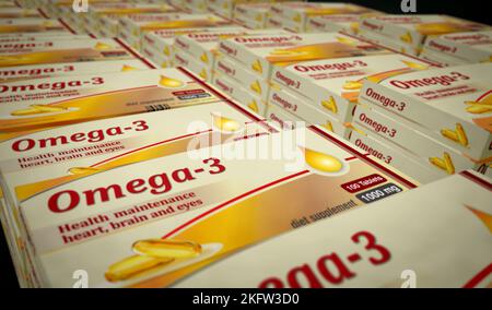 Omega 3 Öltabletten Box Produktionslinie. Gesunde Ernährung und Diätergänzung Pillen Pack Fabrik. Abstract Concept 3D Rendering Illustration. Stockfoto