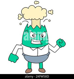 Ein süßes wütendes grünes Ei mit explodierendem Kopf-Cartoon-Charakter isoliert auf weißem Hintergrund Stock Vektor