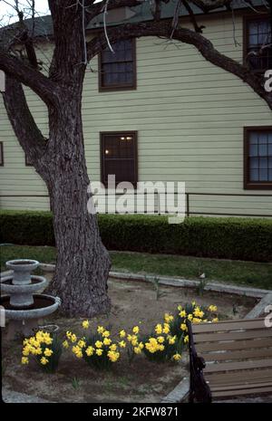 Mariposa CA USA. 3/1993. Diese kleine Stadt liegt im Herzen des Goldrausches von Kalifornien aus dem Jahr 1849/50 und ist ruhig, mit alten Gebäuden und Geschichte an jeder Ecke. Mariposa Creek, ein großer Produzent von placer Gold brachte Bergleute und Handelswaren, Bäcker, Saloons, Hotels und Ladenbesitzer, die den riesigen Zustrom von Bergleuten unterstützten. Da das placer Gold leicht erschöpft war, ersetzt der Hartgesteinbau ‘Goldwaschen’ Stockfoto