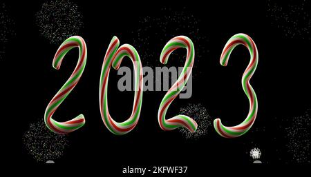 2023 Neujahr. Figuren aus Weihnachtsklättchen vor dem Hintergrund explodierender Feuerwerke. 3D Stockfoto