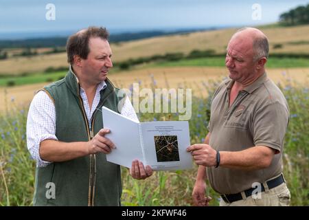 Landagent und Landwirt diskutieren über die Betriebsführung auf einem Ackerbaubetrieb in Northumberland, Großbritannien. Stockfoto