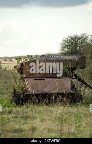 Rost überzogene Karkasse eines verlassenen zerstörten rostenden britischen Hauptkampfpanzers Centurion im Nachmittagssonne Stockfoto