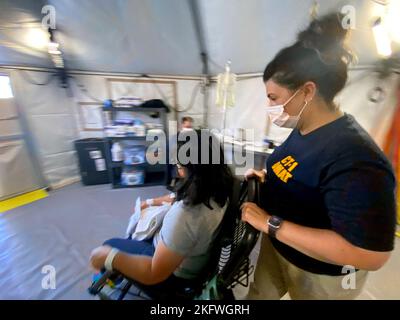 Fort Myers, FL, USA - (Okt 11, 2022) - Disaster Medical Assistance Teams (DMAT) aus Connecticut (CT-1 DMAT) unterstützen Patienten in einem provisorischen Krankenhaus, das außerhalb des Gulf Coast Medical Center eingerichtet wurde, um den Bewohnern in den vom Unheil Ian betroffenen Gebieten zu helfen. Jocelyn Augustino/FEMA Stockfoto