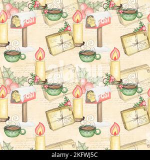 Weinmotiv, nahtloses Muster, handgezeichnete Weihnachtspost Stockfoto