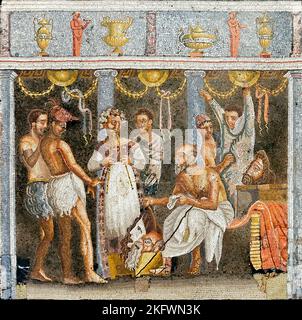 Ein römisches Mosaik von Schauspielern traf sich hinter den Kulissen und bereitete sich auf eine Performance vom Tablinumboden im Haus des tragischen Dichters in Pompeji aus dem 2.. Jahrhundert vor. Stockfoto
