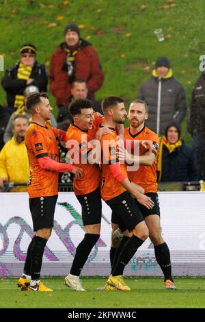 Deinzes Dylan De Belder feiert nach einem Treffer bei einem Fußballspiel zwischen KMSK Deinze und Lierse Kempenzonen am Sonntag, 20. November 2022 in Deinze, am 14. Tag der 'Challenger Pro League' 2022-2023, 1B. Division der belgischen Meisterschaft. BELGA FOTO KURT DESPLENTER Stockfoto