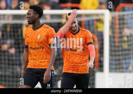 Deinzes Dylan De Belder feiert nach einem Treffer bei einem Fußballspiel zwischen KMSK Deinze und Lierse Kempenzonen am Sonntag, 20. November 2022 in Deinze, am 14. Tag der 'Challenger Pro League' 2022-2023, 1B. Division der belgischen Meisterschaft. BELGA FOTO KURT DESPLENTER Stockfoto