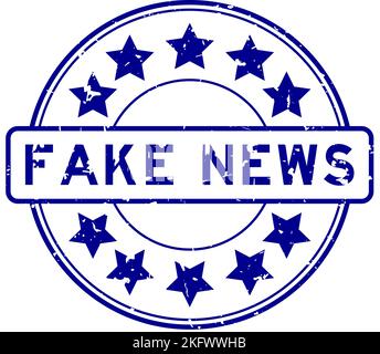 Grunge blaues Fake News Wort mit Stern-Symbol rund Gummi-Siegel-Stempel auf weißem Hintergrund Stock Vektor