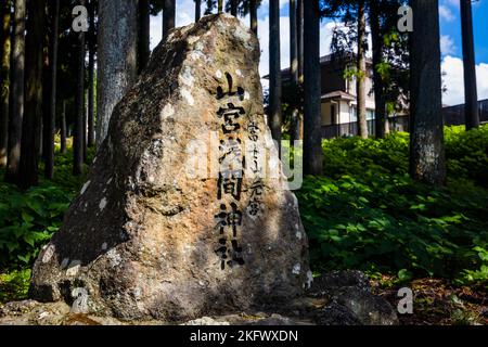 Steindenkmal mit geschnitzten japanischen Wörtern im Waldschrein in Japan Stockfoto