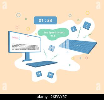 Schnelles Tippen mit Blindtextmethode, mit Zähler für die Höchstgeschwindigkeit (WPM) und Timer Stock Vektor