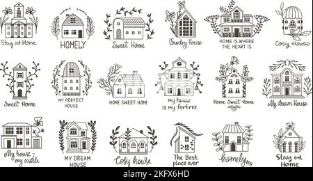 Doodle Homes Grafiklogo. Cottage Vintage-Stil mit Pflanzen, winzigen handgezeichneten Häusern. Dorfgebäude, Architektur Naturelemente. Neoterisch niedlich Stock Vektor