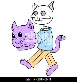 Ein bearbeitbarer Vektor eines Katzenskeletts, das seinen eigenen Kopf hält Stock Vektor