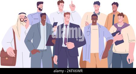 Männliches Büroteam zusammen. Erwachsene Geschäftsleute Unternehmer Porträt, arabischen Geschäftscharakter und Kollegen. Junge Studenten, kickige Profis Stock Vektor