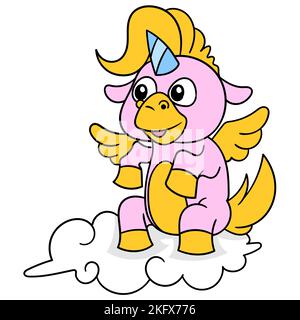 Ein editierbarer Vektor eines Einhorns mit gelbem Haar, das auf Wolken sitzt Stock Vektor