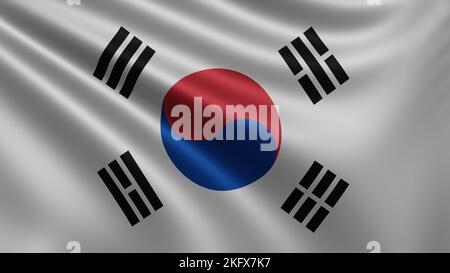 Darstellung der Südkoreaflagge flattert im Wind Nahaufnahme, die Nationalflagge Südkoreas flattert in 4K Auflösung, Nahaufnahme, Farben: RGB. Hoch Stockfoto