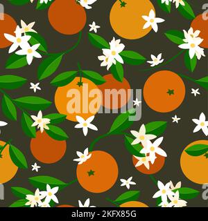 Orange Früchte Blätter Blumenmuster. Stock Vektor
