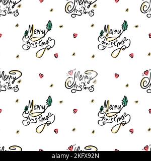 Frohe Weihnachten. Nahtlose Illustration mit kalligrafischem schwarzem Schriftzug und farbigen Elementen. Textil, Geschenkpapier oder Hintergrund. Vektor Stock Vektor
