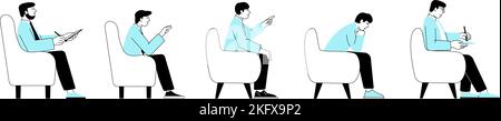 Männer sitzen in Stühlen verschiedene Halb-Gesicht Posen. Geschäftsmann weisen auf etwas hin, schreiben, denken. Isolierte flache Investor Vektor stilvolle Zeichen Stock Vektor