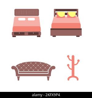 Bettsymbol auf weißem Hintergrund. Vektorgrafik. Farbenfrohe grafische Bettwäsche mit Kissen. Moderne Schlafzimmermöbel. Vektorgrafik im flachen Stil Stock Vektor