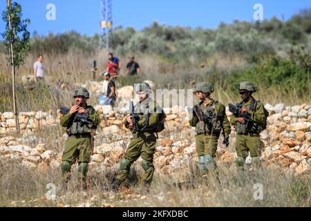 Salfit, Palästina. 20.. November 2022. Israelische Soldaten bewachen jüdische Siedler, wenn sie das Land palästinensischer Bauern im Dorf Burqin, westlich von Salfit, im besetzten Westjordanland erobern. Die Palästinenser demonstrierten gegen die Beschlagnahme ihres Landes durch diese Siedler zugunsten der jüdischen Siedlung Brochin. Kredit: SOPA Images Limited/Alamy Live Nachrichten Stockfoto