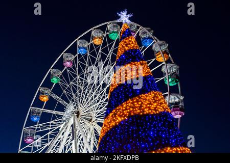 Bournemouth, Dorset, Großbritannien. 20.. November 2022. Besucher, Familien und aufgeregte Kinder strömen in die Bournemouth Gardens, um das Bournemouth Christmas Tree Wonderland mit mehr als 100 glitzernden Bäumen und Lichtern zu erleben. Einige der Bäume stehen unter dem Motto, Städte auf der ganzen Welt zu repräsentieren, darunter der Kiewer Baum, der in diesem Jahr neu ist, um Unterstützung für die Ukraine zu zeigen. Besucher können dem Pfad folgen und durch den 60' Gehweg spazieren. Quelle: Carolyn Jenkins/Alamy Live News Stockfoto