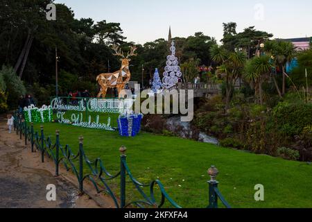 Bournemouth, Dorset, Großbritannien. 20.. November 2022. Besucher, Familien und aufgeregte Kinder strömen in die Bournemouth Gardens, um das Bournemouth Christmas Tree Wonderland mit mehr als 100 glitzernden Bäumen und Lichtern zu erleben. Einige der Bäume stehen unter dem Motto, Städte auf der ganzen Welt zu repräsentieren, darunter der Kiewer Baum, der in diesem Jahr neu ist, um Unterstützung für die Ukraine zu zeigen. Besucher können dem Pfad folgen und durch den 60' Gehweg spazieren. Quelle: Carolyn Jenkins/Alamy Live News Stockfoto