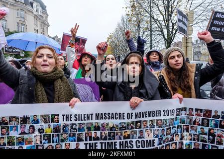 Demonstration in den Brüsseler Straßen gegen Mollahs, Folter, Hijab und Druck gegen Frauen im Iran, Demonstration dans les rues de Bruxelles Stockfoto