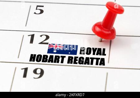 Nationale Feiertage. Im Kalenderraster das Datum und den Namen des Feiertags - Royal Hobart Regatta Stockfoto