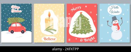 Set von Weihnachten und Neujahr Grußkarte in Cartoon-Flat-Stil. Handgezeichnete Vektorgrafik für Karten, Print, Poster, Social-Media-Vorlage Stock Vektor