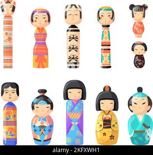 Kokeshi-Puppe. Japan Puppen Maskottchen in Kimono, traditionelle japanische Spielzeug Cartoon kawaii chinesische Mädchen niedliches Gesicht liebenswert puppe Souvenir asiatische Mädchen Spielzeug, Set ordentlich Vektor Illustration von Maskottchen kokeshi Stock Vektor