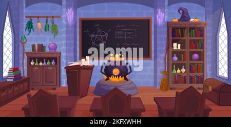 Die Innenausstattung des magischen Zimmers. Mystery Bibliothek Zauberer Schule, Zauberin Haus Hexe Alchemie Labor Cartoon Fee Studie Klassenzimmer drinnen mittelalterlichen Burg, geniale Vektor-Illustration der magischen Bildung Stock Vektor