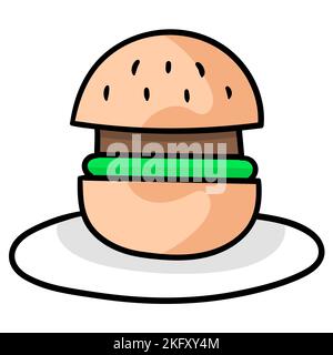 Eine Vektordarstellung eines Doodle Burgers mit Fleisch und Grün auf einem weißen Teller Stock Vektor