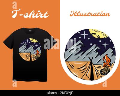 Eine Illustration eines T-Shirt-Designs mit Lagerfeuer- und Bergmotiv Stock Vektor