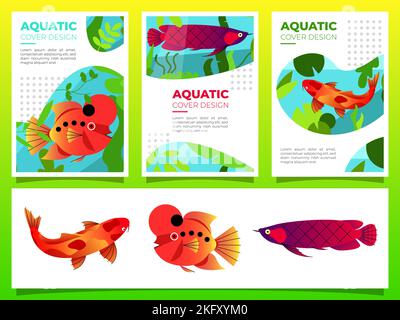 Eine Vorlage für das Design einer aquatischen Abdeckung mit exotischen Fischen Stock Vektor