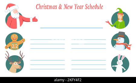 Weihnachtsfiguren im stilisierten Timetable oder Menü. Zeitplan für Neujahrsferien. Stock Vektor