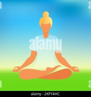 Frau meditiert über den Hintergrund der Natur. Meditationskonzept. Frau, die in Lotusposition sitzt, praktiziert Meditation. Vektorgrafik im flachen Stil. Stock Vektor