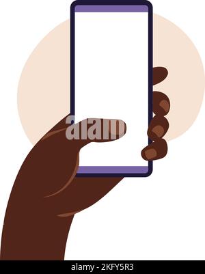 Afrikanischer Mann Hand hält Smartphone mit leeren weißen Bildschirm. Mit dem mobilen Smartphone. Flaches Designkonzept. Vektorgrafik. Stock Vektor