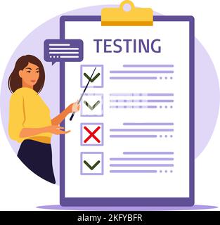 Konzept der Online-Prüfung im Internet. Frau, die in der Nähe des Online-Formulars auf dem Laptop steht. Fragebogen, Web-Learning, elektronische Abstimmung. Stock Vektor