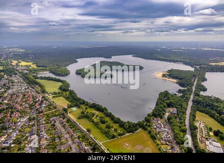 Luftaufnahme, Halterner Stausee mit Insel Overrath, Halternstadt, Haltern am See, Ruhrgebiet, Nordrhein-Westfalen, Deutschland, DE, Europa, Haltern on Stockfoto