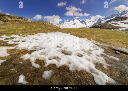 Col de l'Iseran, schneebedeckte Landschaft: französische alpen in Vanoise, Savoie, Frankreich Stockfoto