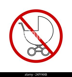 Symbol „kein Kinderwagen“. Aufkleber für die verbotene Zone für Kinder an öffentlichen Orten. Kutschenpiktogramm mit rotem Verbotsschild. Vektorgrafik. Stock Vektor