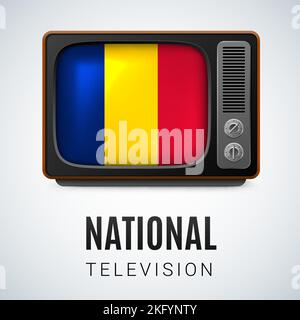 Vintage TV und die Flagge des Tschad als Symbol des nationalen Fernsehens. Tele-Empfänger mit Chadian-Alarmmeldung Stock Vektor