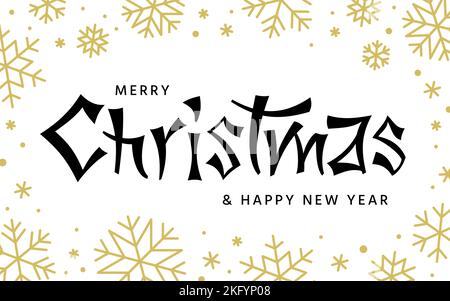 Frohe Weihnachten und ein glückliches neues Jahr handgezeichnete Pinsel-Schriftzüge. Xmas Hintergrund mit schwarzer Tinte Stift chinesische Kalligraphie goldene Schneeflocken. Winterurlaub kreative Typografie Grußkarte Banner Poster Stock Vektor