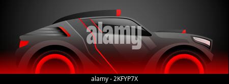 Extrem-Rallye-Sportwagen in schwarz und rot auf schwarzem Hintergrund. Aggressives Auto, Safari Geländewagen Design Vektor-Illustration. Stock Vektor